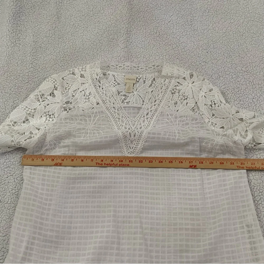 Chico's Sz Large Tunic White Lace Sheer Floral Cut Out Long Sleeve Side Slit New